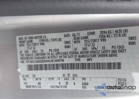 2017 Ford Escape Se из США, поврежденный, VIN 1FMCU0GD0HUE39578